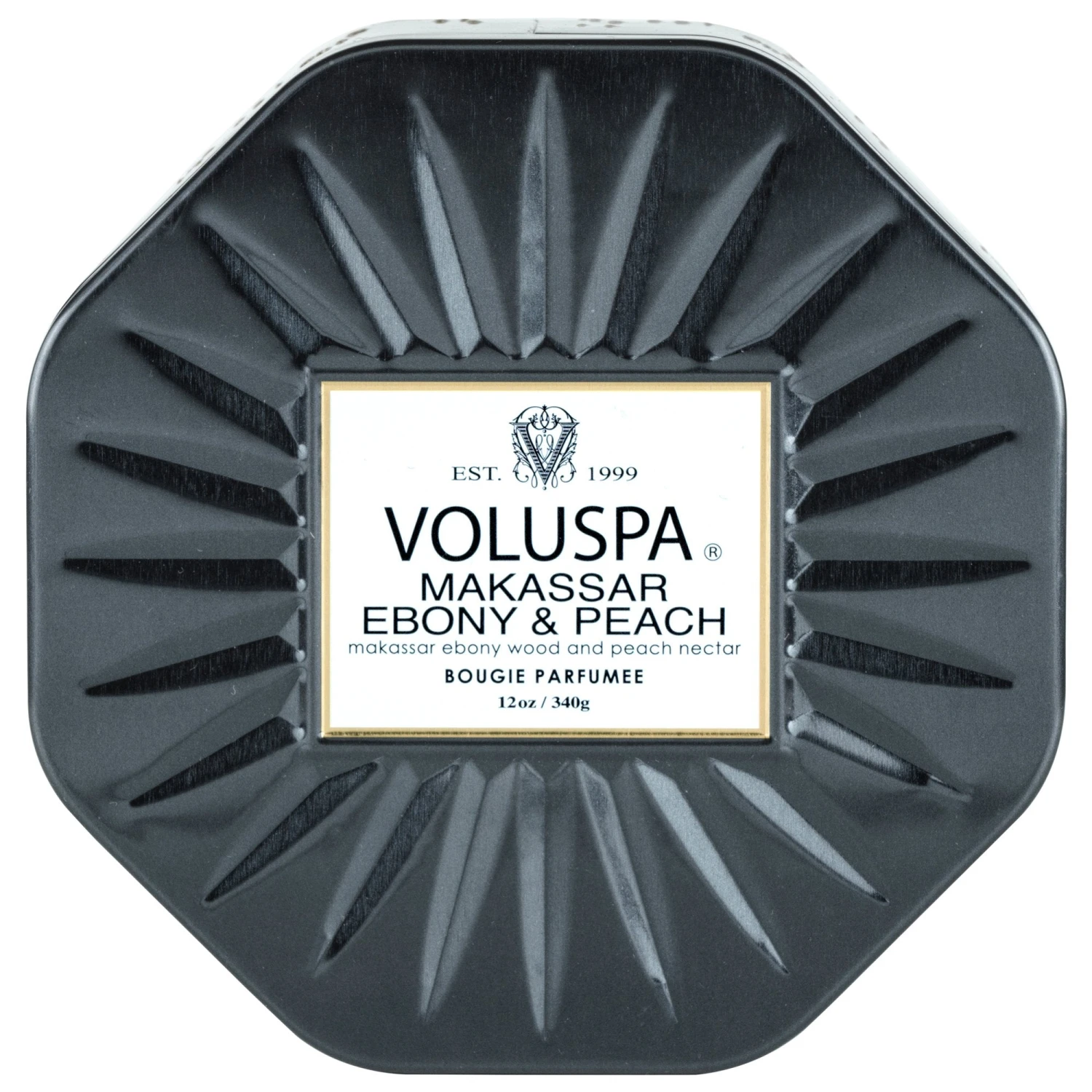 Voluspa Makassar Ebony & Peach - 3 Wick Octagon Tin Candle 3 Voluspa Makassar Ebony & Peach - 3 Wick Octagon Tin Candle