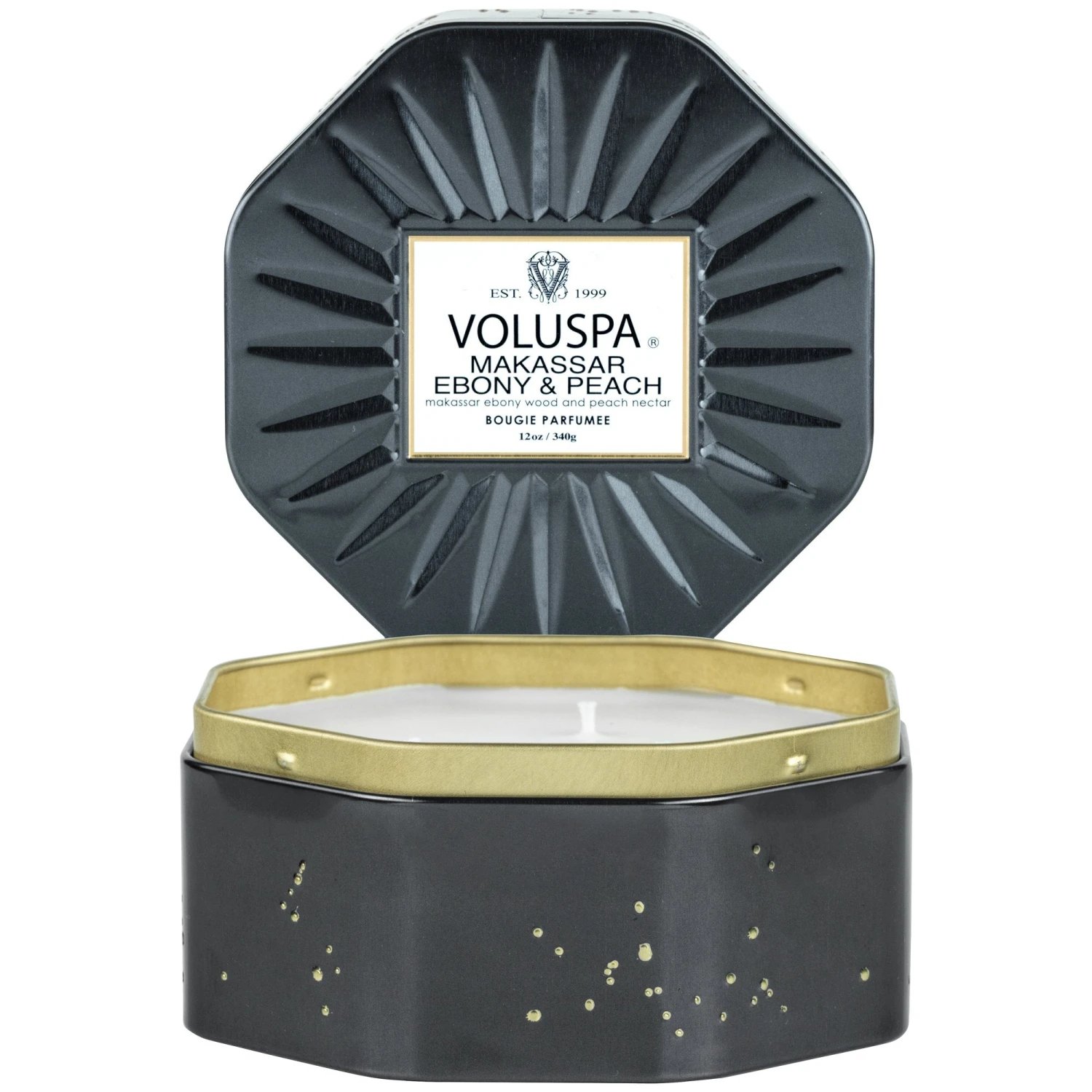 Voluspa Makassar Ebony & Peach - 3 Wick Octagon Tin Candle 4 Voluspa Makassar Ebony & Peach - 3 Wick Octagon Tin Candle - Image 2