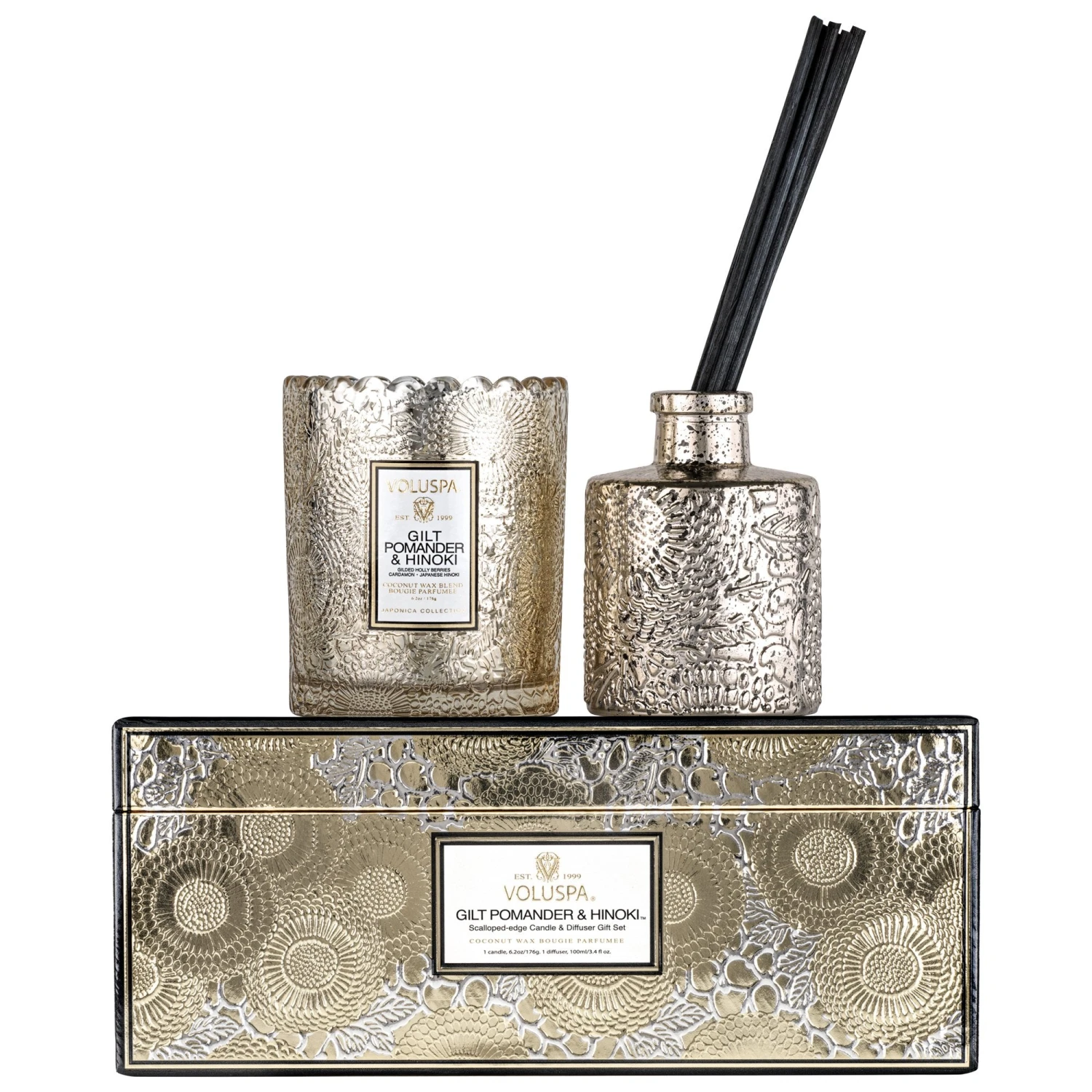 Voluspa Gilt Pomander & Hinoki - Candle & Diffuser Gift Set 3 Voluspa Gilt Pomander & Hinoki - Candle & Diffuser Gift Set