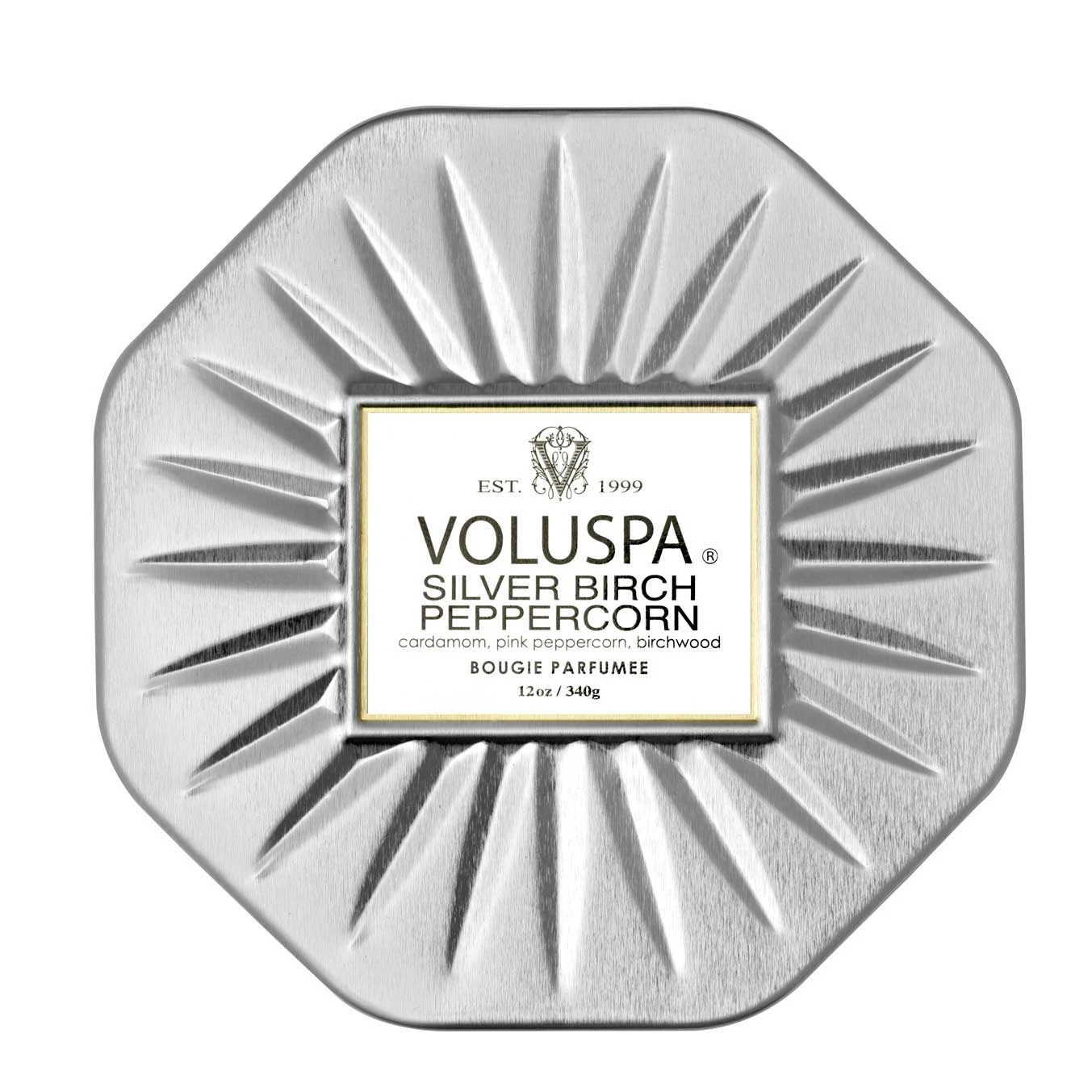 Voluspa Silver Birch Peppercorn - 3 Wick Octagon Tin Candle 3 Voluspa Silver Birch Peppercorn - 3 Wick Octagon Tin Candle