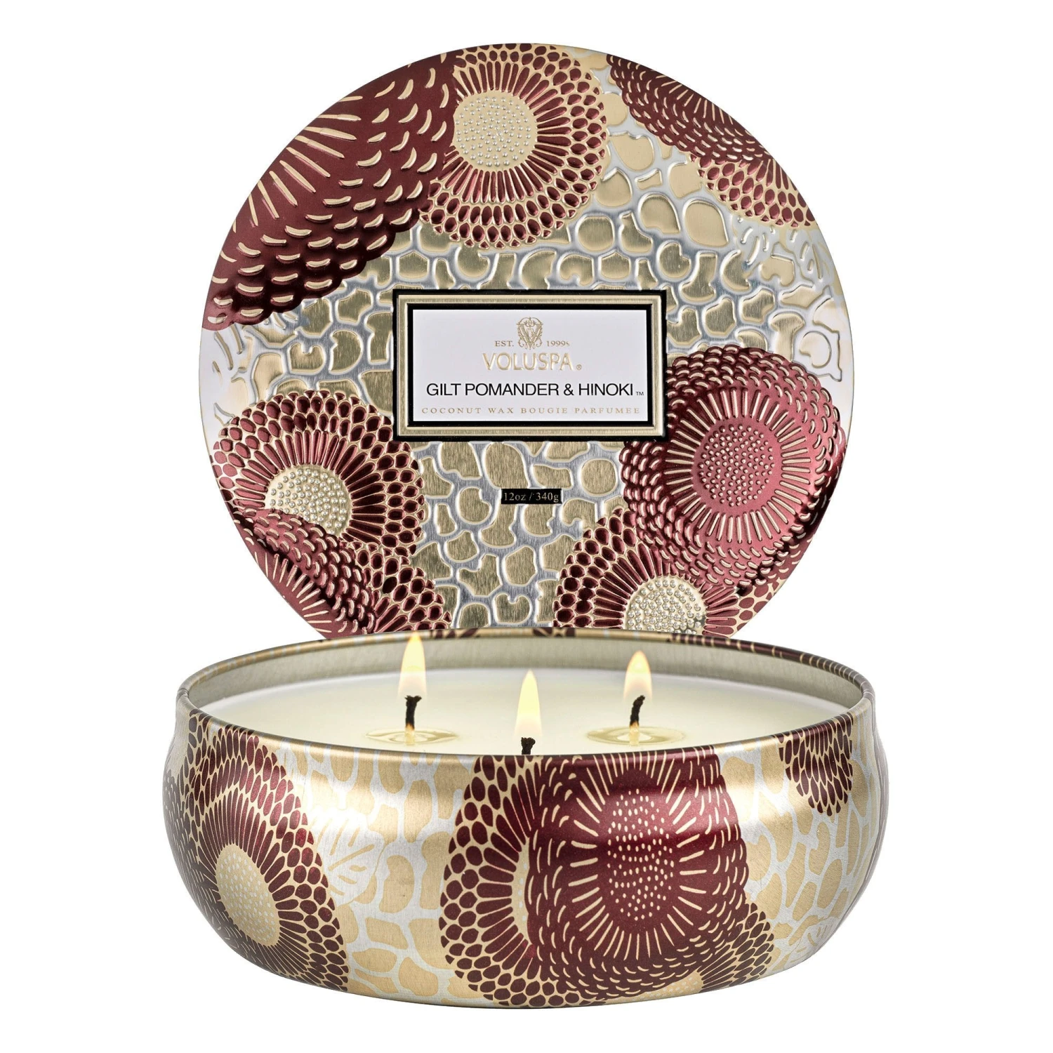 Voluspa Gilt Pomander & Hinoki - 3 Wick Tin Candle 3 Voluspa Gilt Pomander & Hinoki - 3 Wick Tin Candle