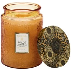Voluspa -Voluspa large embossed glass jar wmetallic lid candle baltic amber 7233 2.jpg 7886