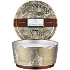Voluspa Gilt Pomander & Hinoki - Seasonal 3 Wick Pedestal Tin Candle