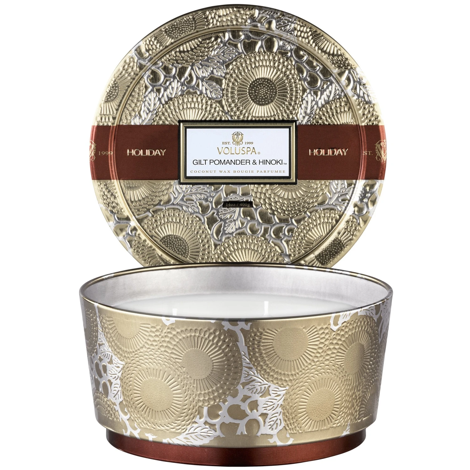 Voluspa Gilt Pomander & Hinoki - Seasonal 3 Wick Pedestal Tin Candle 3 Voluspa Gilt Pomander & Hinoki - Seasonal 3 Wick Pedestal Tin Candle