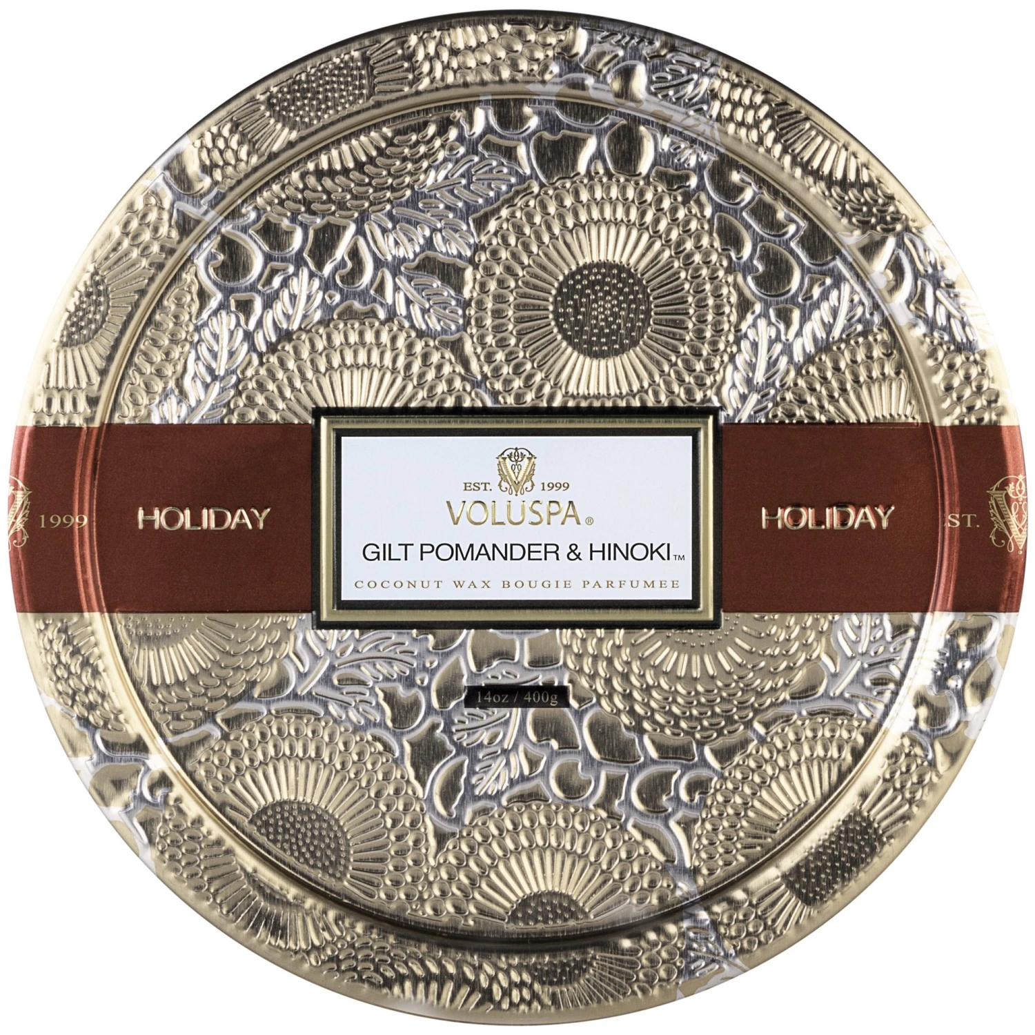 Voluspa Gilt Pomander & Hinoki - Seasonal 3 Wick Pedestal Tin Candle 4 Voluspa Gilt Pomander & Hinoki - Seasonal 3 Wick Pedestal Tin Candle - Image 2